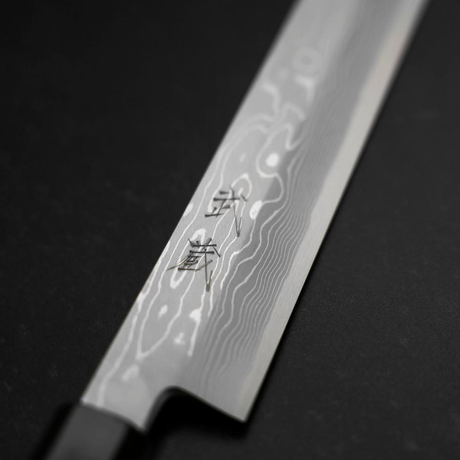 Yanagi Kiritsuke Blue Steel #1 Suminagashi Buffalo Ebony Handle With Sheath 330mm