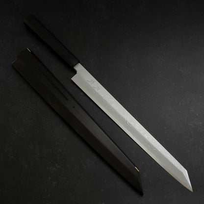 Yanagi Kiritsuke Blue Steel #1 Suminagashi Buffalo Ebony Handle With Sheath 330mm