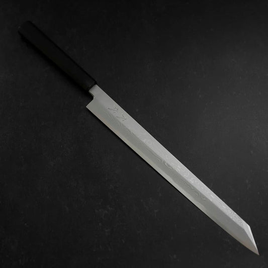 Yanagi Kiritsuke Blue Steel #1 Suminagashi Buffalo Ebony Handle With Sheath 330mm