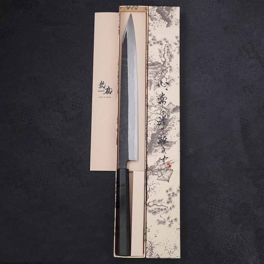 Yanagi Kiritsuke Blue Steel #2 Kurouchi Buffalo Ebony Handle 300mm