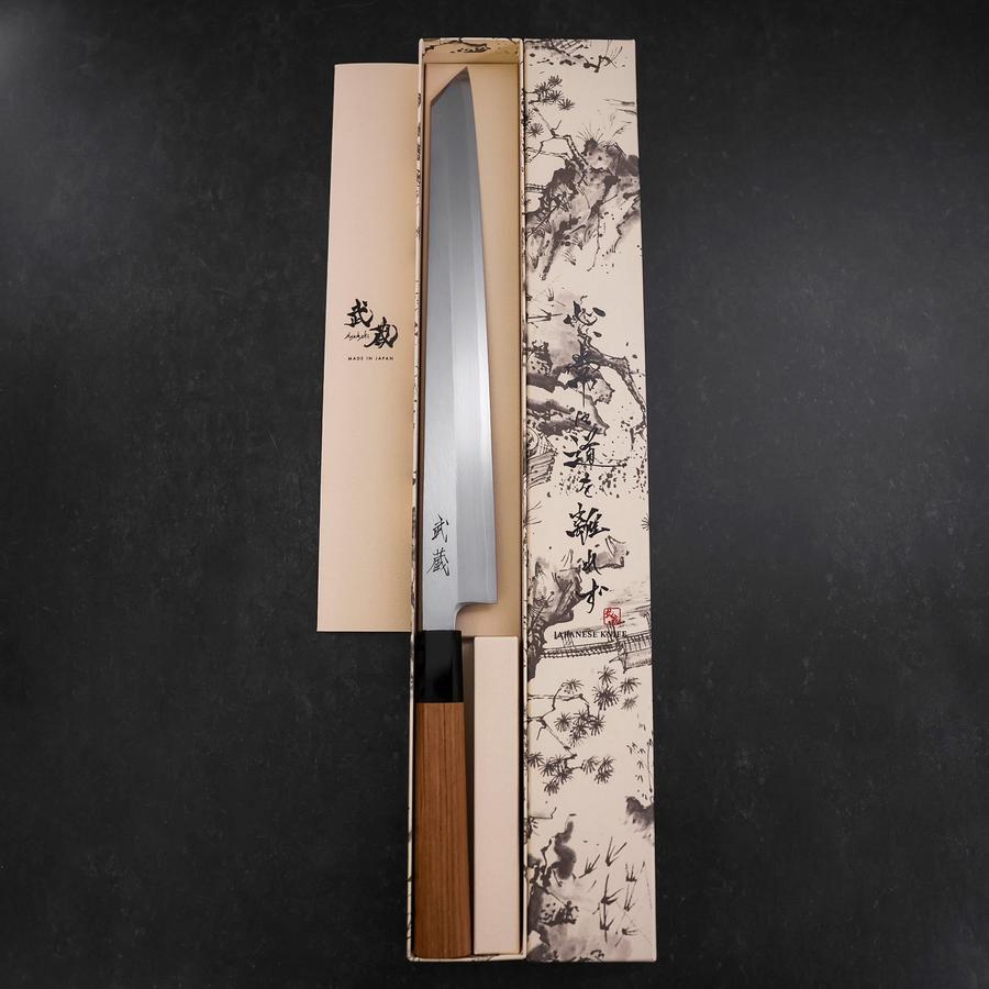 Yanagi Kiritsuke White Steel #2 Kasumi Buffalo Teak Handle 300mm