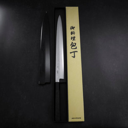 Yanagiba Blue Steel #1 Suminagashi Buffalo Ebony Handle With Sheath 330mm