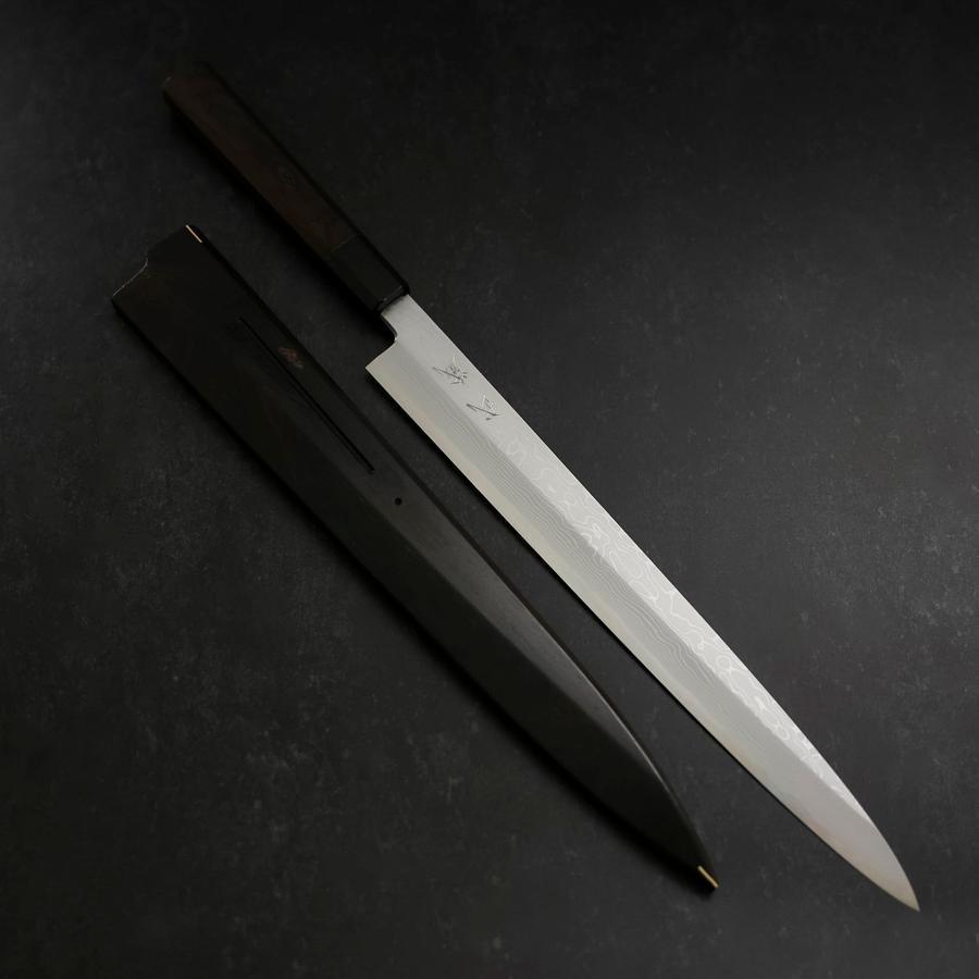 Yanagiba Blue Steel #1 Suminagashi Buffalo Ebony Handle With Sheath 330mm