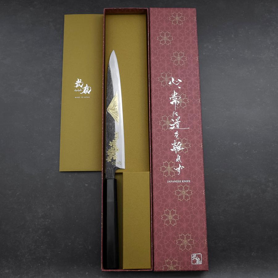 Yanagiba Blue Steel #2 Kurouchi Chokin Sakura-Fuji Buffalo Ebony Handle 210mm