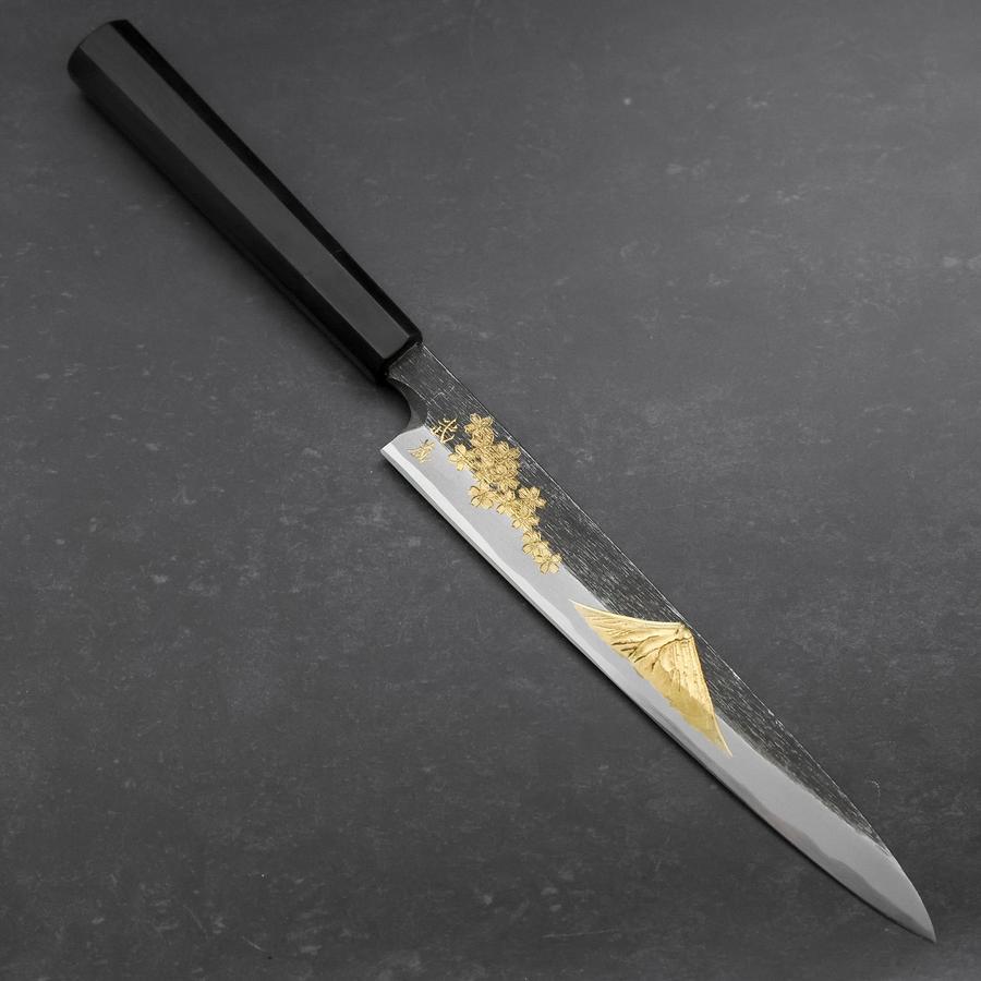 Yanagiba Blue Steel #2 Kurouchi Chokin Sakura-Fuji Buffalo Ebony Handle 210mm