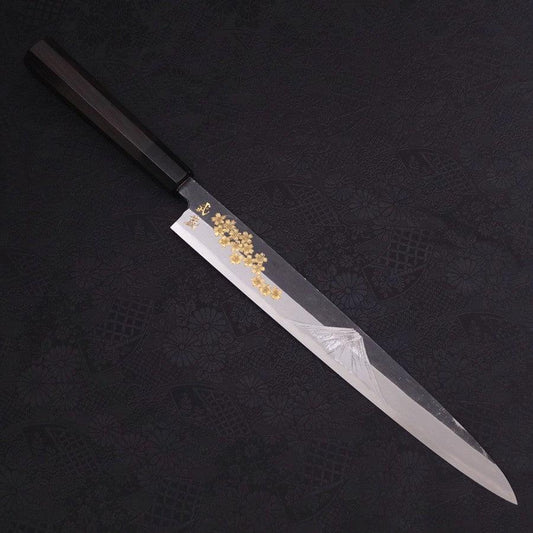 Yanagiba Blue Steel #2 Kurouchi Chokin Sakura-Fuji Buffalo Ebony Handle 300mm
