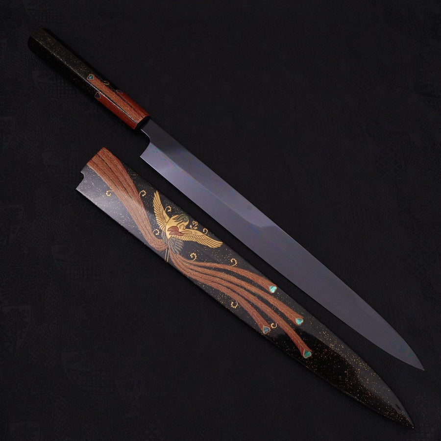 Yanagiba White Steel #2 Black Mirror Moon-Fuji Water Honyaki Urushi Handle With Urushi Sheath 330mm