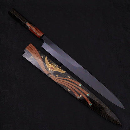 Yanagiba White Steel #2 Black Mirror Moon-Fuji Water Honyaki Urushi Handle With Urushi Sheath 330mm