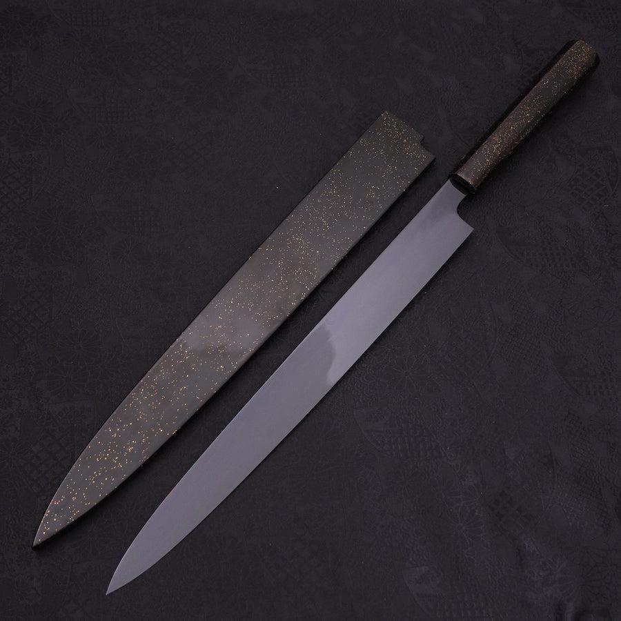 Yanagiba White Steel #2 Black Mirror Moon-Fuji Water Honyaki Urushi Handle With Urushi Sheath 330mm