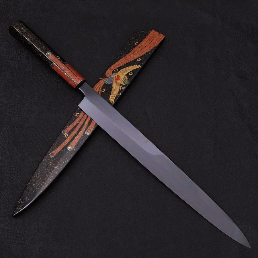 Yanagiba White Steel #2 Black Mirror Moon-Fuji Water Honyaki Urushi Handle With Urushi Sheath 330mm