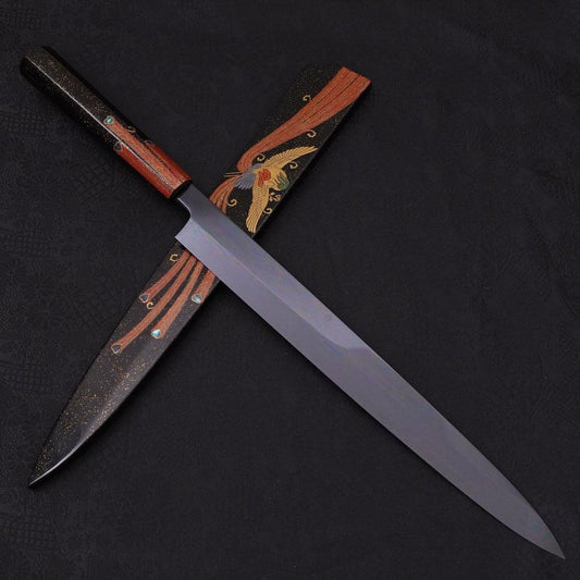 Yanagiba White Steel #2 Black Mirror Moon-Fuji Water Honyaki Urushi Handle With Urushi Sheath 330mm