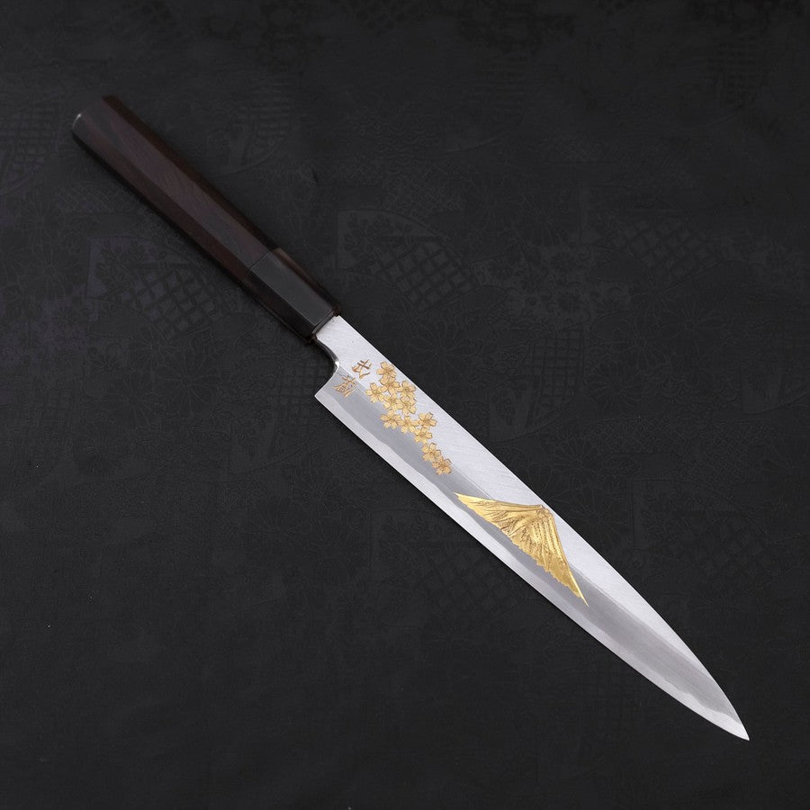 Yanagiba White Steel #2 Kasumi Chokin Sakura-Fuji Buffalo Ebony Handle 210mm