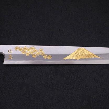 Yanagiba White Steel #2 Kasumi Chokin Sakura-Fuji Buffalo Ebony Handle 270mm