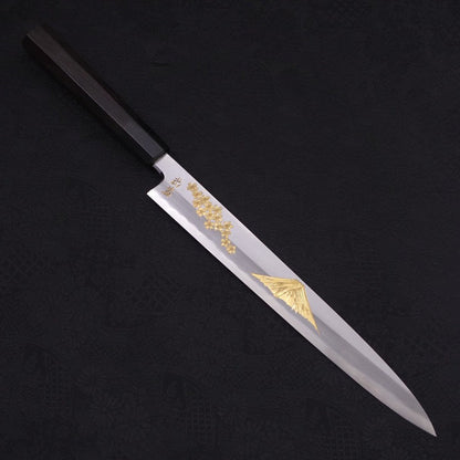 Yanagiba White Steel #2 Kasumi Chokin Sakura-Fuji Buffalo Ebony Handle 270mm